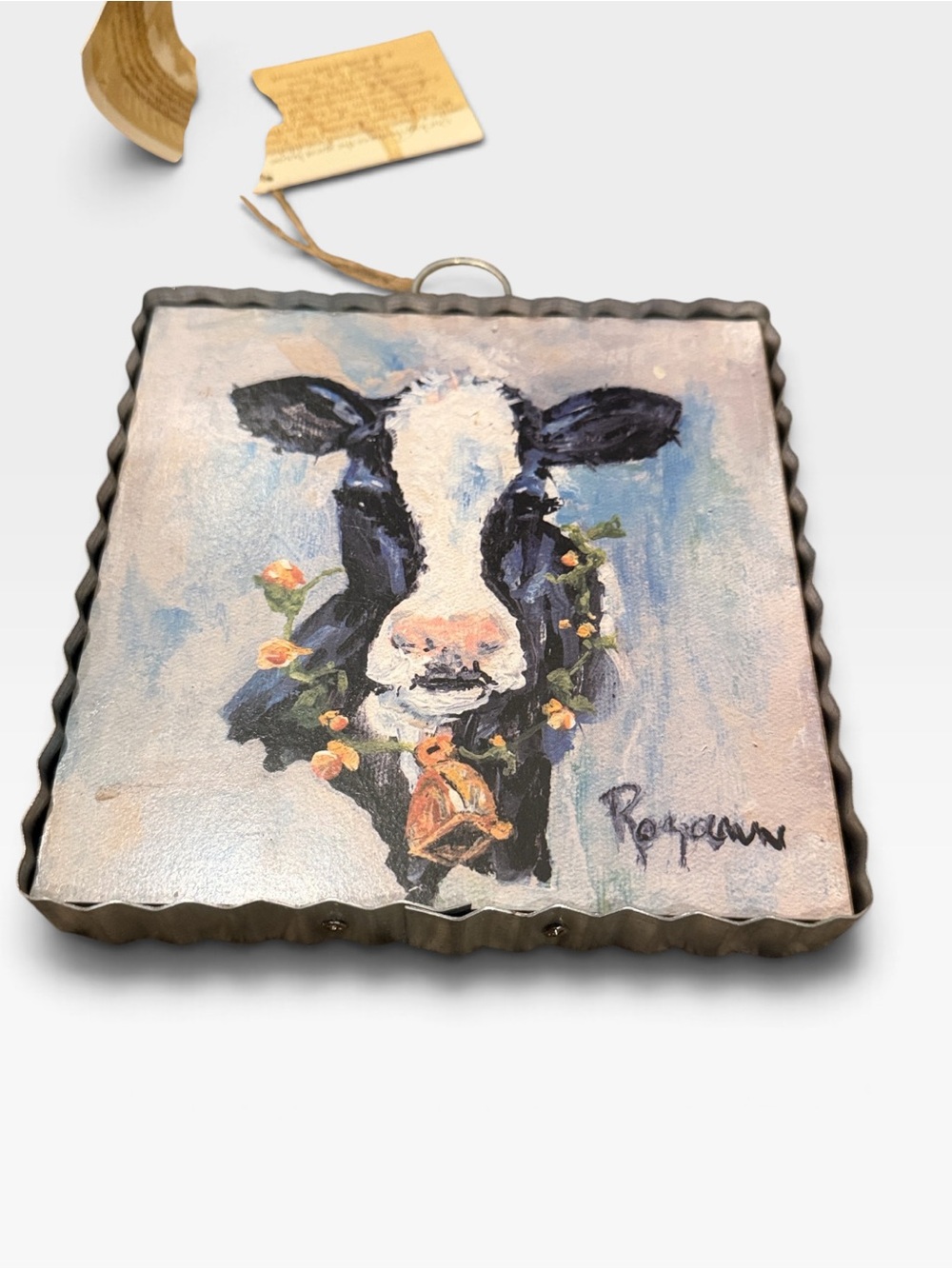 Cow Portrait Wall Art - Black & White Cow Canvas (Round Top Collection) 6" x 6"